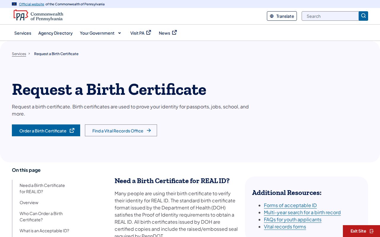 East Hempfield Township resident lookup Pennsylvania birth certificate ordering page