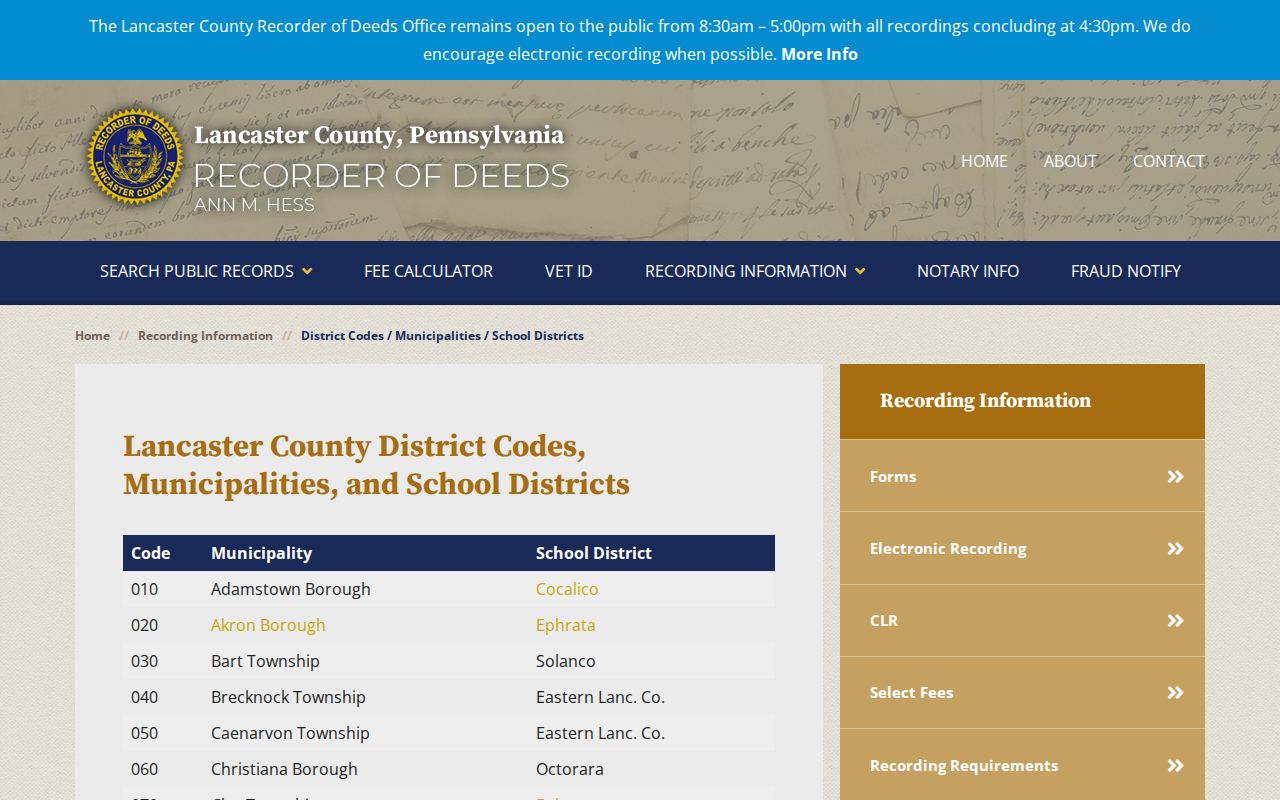 East Hempfield Township ZIP code directory Recorder municipality code reference